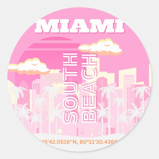 Miami Beach, Miami Travel Art, Preppy, Pink Classic Round Sticker (Front)