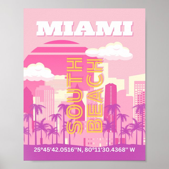 Miami Beach, Miami Travel Art, Preppy Room, Pink Poster (Front)