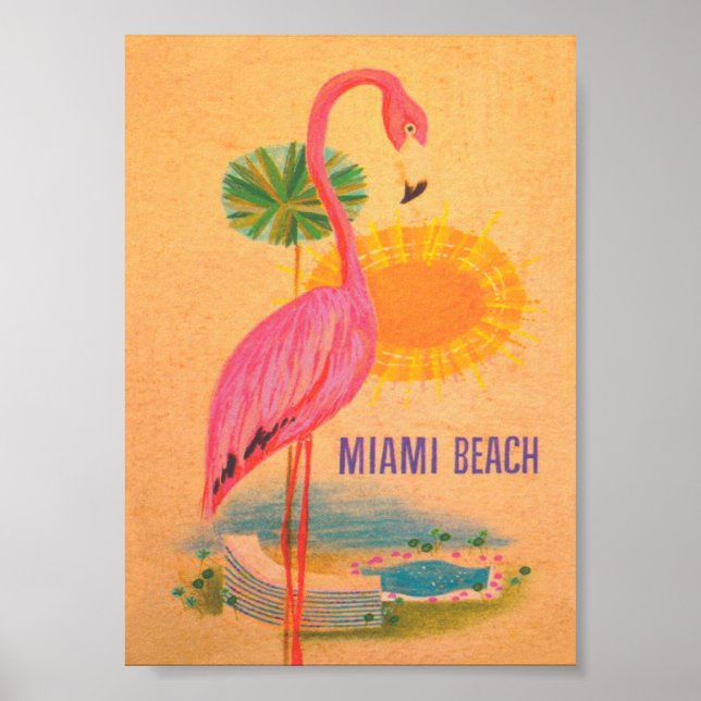 Miami Beach Pink Flamingo Vintage Travel Poster (Front)