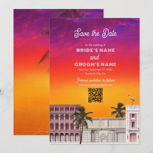 Miami Beach Rainbow Row Charleston Palm Wedding Save The Date (Front/Back)