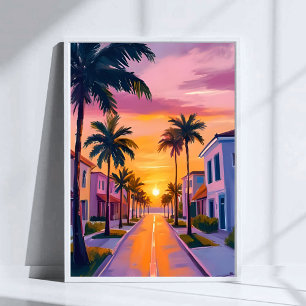 Miami Beach Sunset   Ocean Florida Watercolor Poster