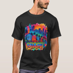 Miami City Neon Skyline with Tropical Vibe Art T-Shirt