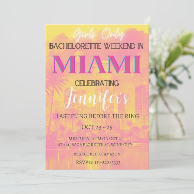 Miami Destination Bachelorette Weekend Party  Invitation (Standing Front)
