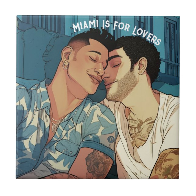 Miami Downtown Gay Men Cuddling Illustration Gift  Tile (Front)