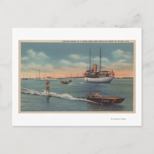 Miami, FL - Water Skiing Scene, Wooden Boat Postcard