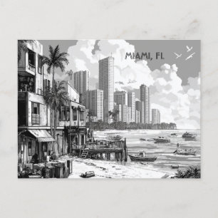 Miami Florida Black and White Travel Postcard