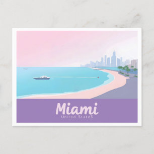 Miami Florida Coastline Cityscape Pastel Travel  Postcard