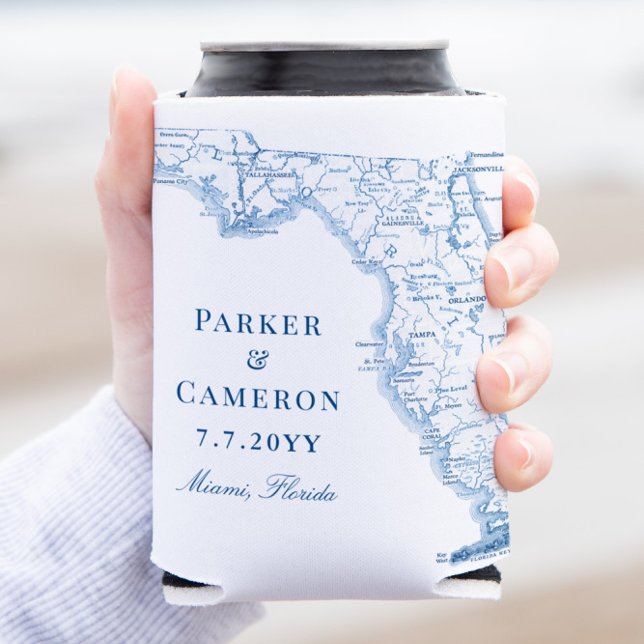 Miami Florida Map Elegant Wedding Favour Drink Can Cooler (Miami FL Can Coozie Wedding Favor Custom Can Cooler Florida Map Blue and White Coastal Map Designs)