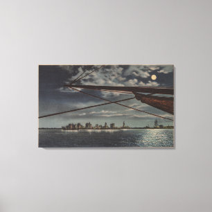 Miami, Florida - Moonlit View of City Over Water Canvas Print