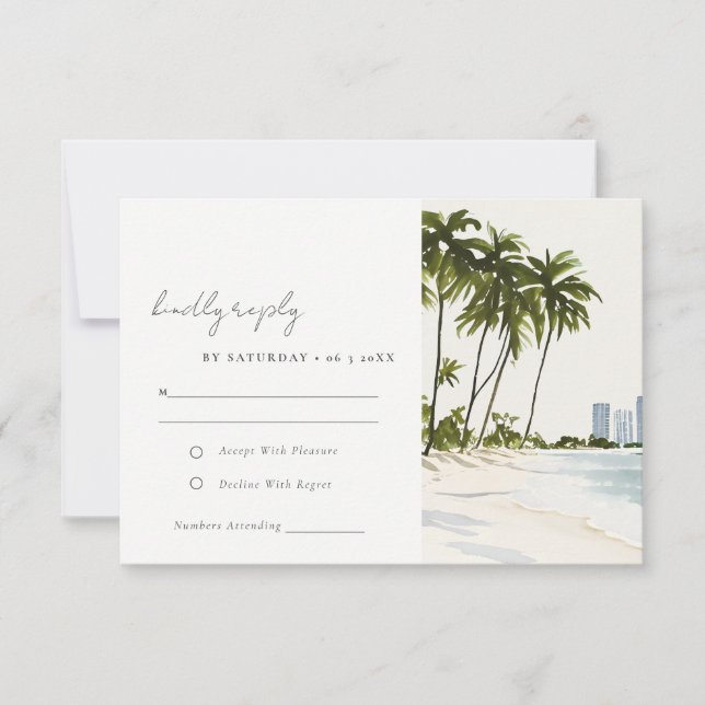 Miami Florida Palm Landscape Watercolor Wedding RSVP Card (Front)