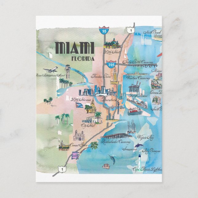 Miami Florida Retro Map Postcard (Front)