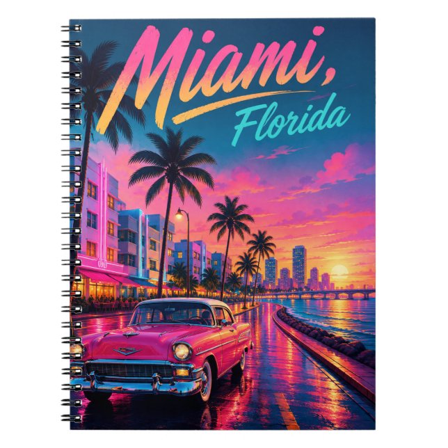 Miami Florida Retro Neon Sunset Travel Notebook (Front)