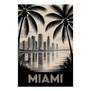 Miami Florida Skyline Black White Woodcut Poster