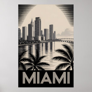 Miami Florida Skyline Black White Woodcut Poster