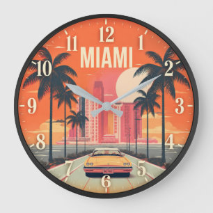 Miami Florida Sunset Retro Coastal Cityscape Large Clock