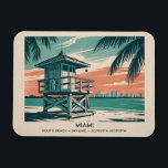 Miami Florida Travel South Beach Minimalist Retro Magnet<br><div class="desc">Celebrate the vibrant character of Miami with this vintage South Beach skyline artwork. A colorful lifeguard tower rises above golden sands and turquoise waves, framed by lush tropical palms and glowing sunset skies. Inspired by retro travel posters, this pastel-toned illustration captures the laid-back atmosphere and timeless charm of Florida’s most...</div>
