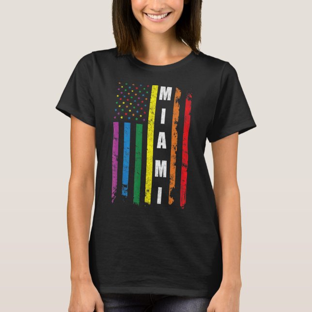 Miami Florida Us American Flag Rainbow Gay Lgbt Pr T-Shirt (Front)