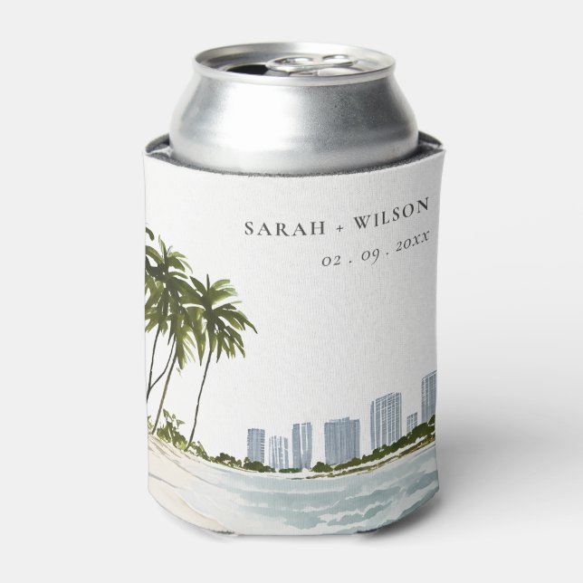 Miami Florida Watercolor Palm Landscape Wedding Can Cooler (Can Front)