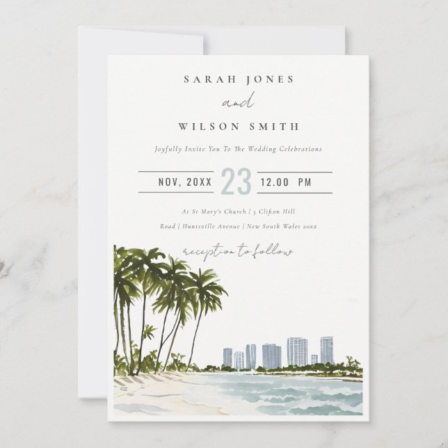 Miami Florida Watercolor Palm Landscape Wedding Invitation (Front)