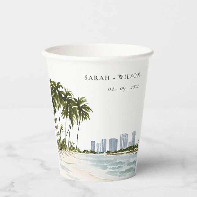 Miami Florida Watercolor Palm Landscape Wedding Paper Cups (Front)