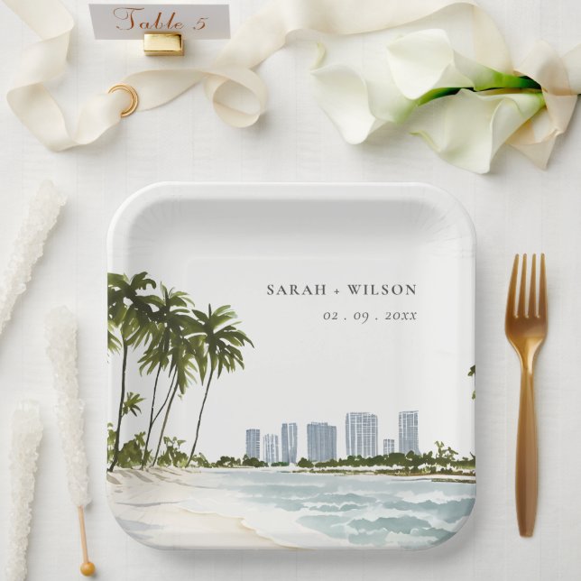 Miami Florida Watercolor Palm Landscape Wedding Paper Plate (Wedding)