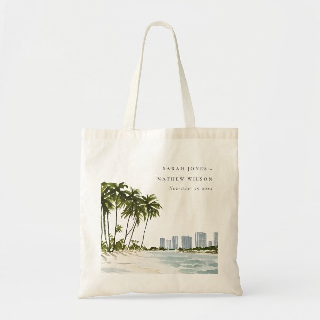Miami Florida Watercolor Palm Landscape Wedding Tote Bag (Front)
