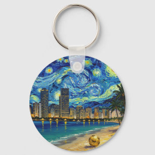 Miami Golden Shore Soccer Elegant and Oil Fine Art Key Ring