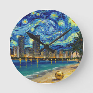 Miami Golden Shore Soccer Elegant and Oil Fine Art Round Clock