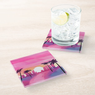 Miami in Pink   Bright Watercolor Painting Glass Coaster