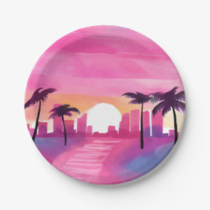 Miami in Pink   Bright Watercolor Painting Paper Plate
