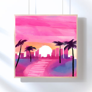 Miami in Pink   Bright Watercolor Painting Poster