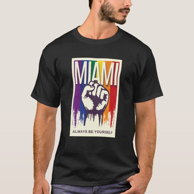 Miami LGBTQ Pride Rainbow Flag Resist Fist Proud L T-Shirt (Front)