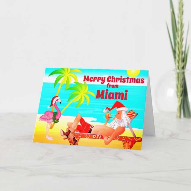 Miami Merry Christmas Santa and Flamingo Beach Holiday Card (Front)