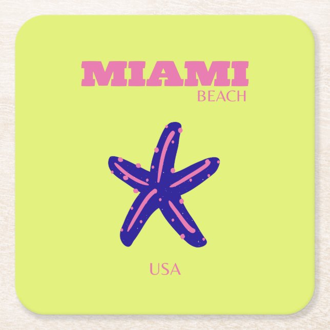 Miami, Miami Beach, Travel Art, Preppy Square Paper Coaster (Front)