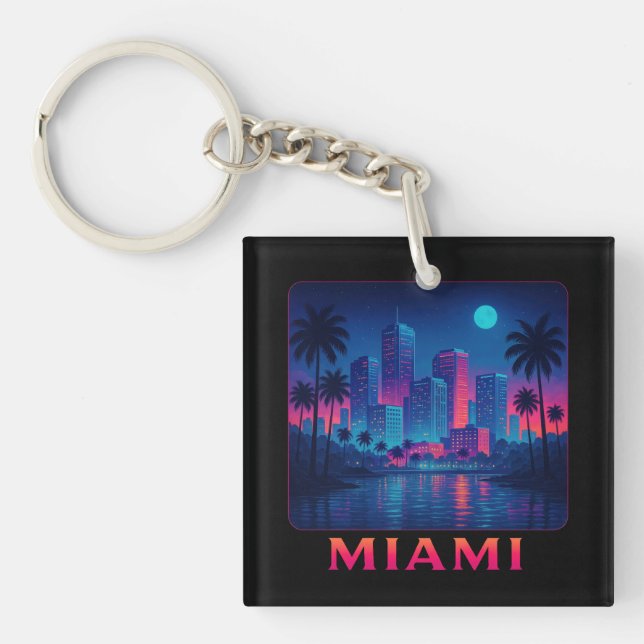 Miami Moonrise - Neon Skyline Key Ring (Front)