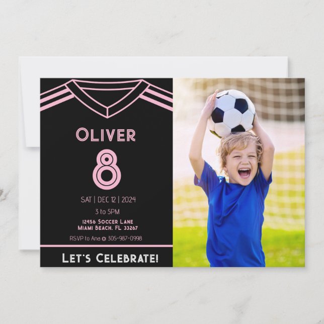 Miami Pink and Black Soccer Party Photo Birthday Invitation (Front)
