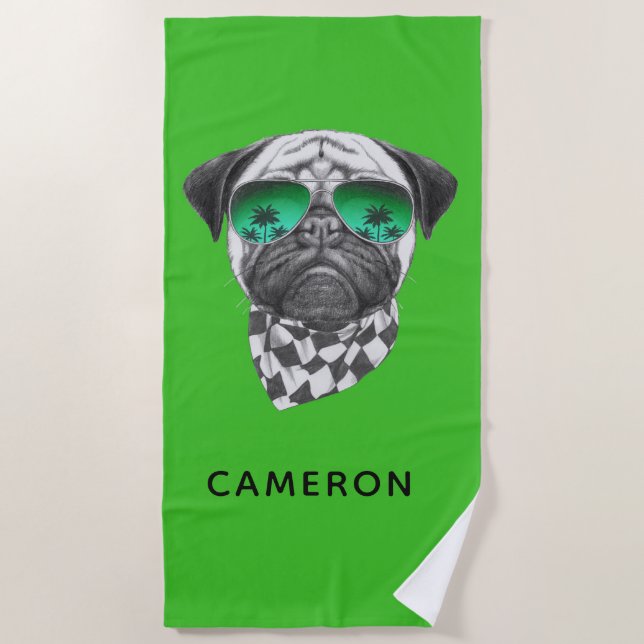 Miami Pug | Add Your Name Beach Towel (Front)