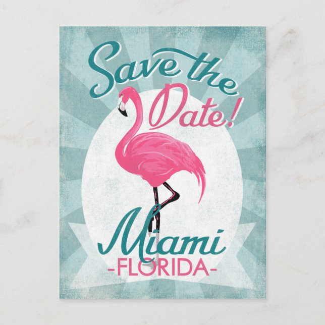 Miami Save The Date Pink Flamingo Announcement Postcard (Front)