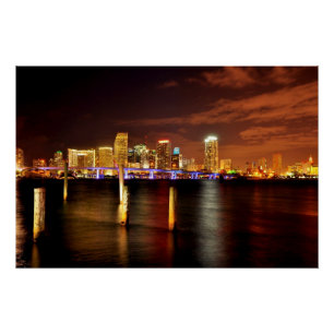 Miami skyline at night, Florida Poster