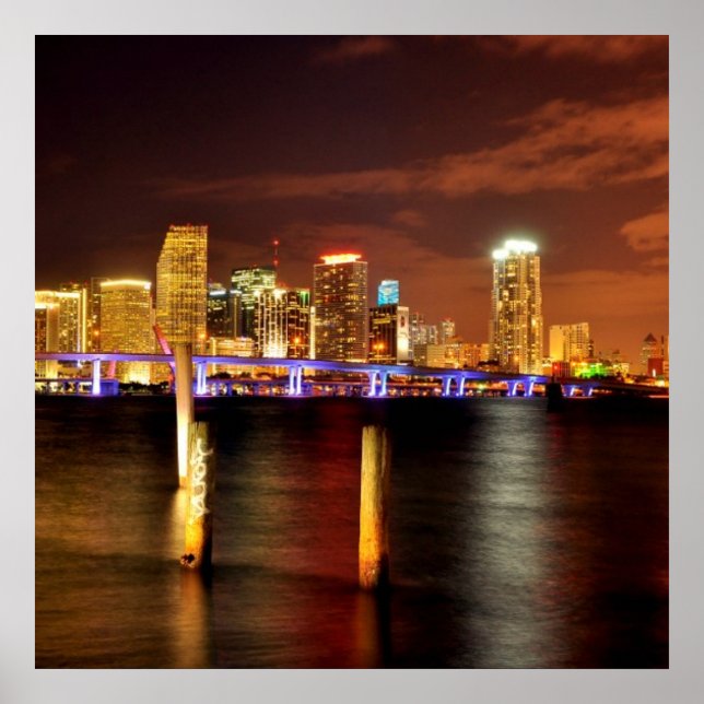 Miami skyline at night, Florida Poster (Front)