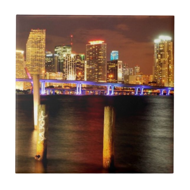Miami skyline at night, Florida Tile (Front)