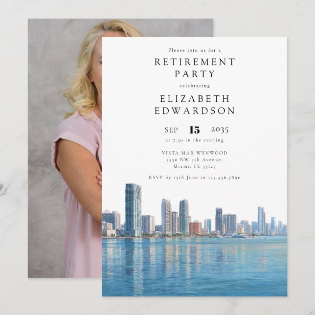 Miami Skyline Retirement Party Photo Invitation (Front/Back)