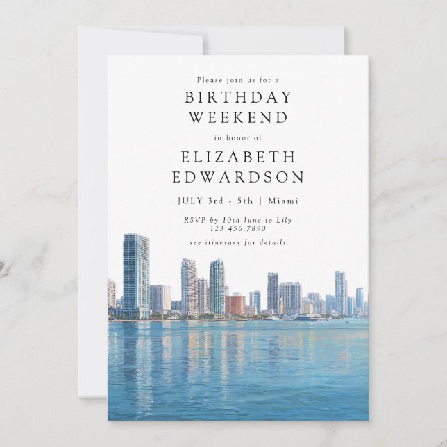 Miami Skyline Watercolor Birthday Weekend Invitation (Front)
