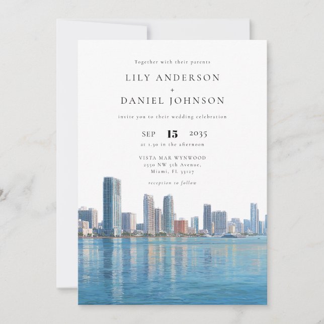 Miami Skyline Watercolor Elegant Wedding Invitation (Front)