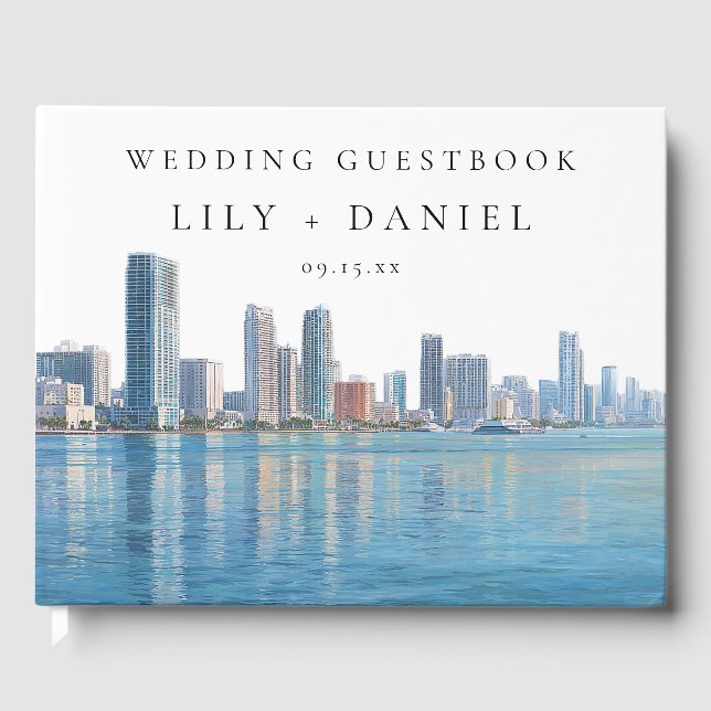 Miami Skyline Watercolor Wedding Guest Book (Front)