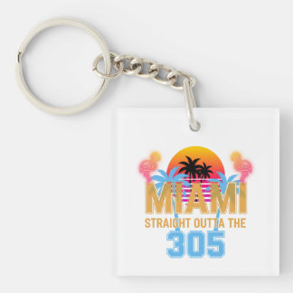 Miami Straight Outta The 305 Vintage Sunset Neon  Key Ring