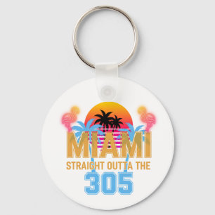 Miami Straight Outta The 305 Vintage Sunset Neon Key Ring