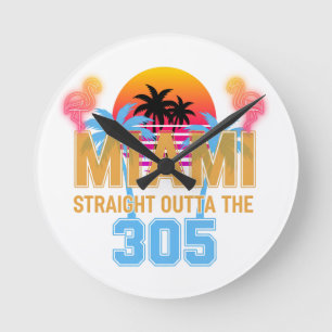 Miami Straight Outta The 305 Vintage Sunset Neon Round Clock