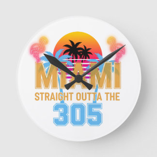 Miami Straight Outta The 305 Vintage Sunset Neon  Round Clock