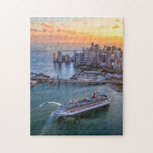Miami Sunset Cruise Ship & Coastal Skyline Citysca Jigsaw Puzzle